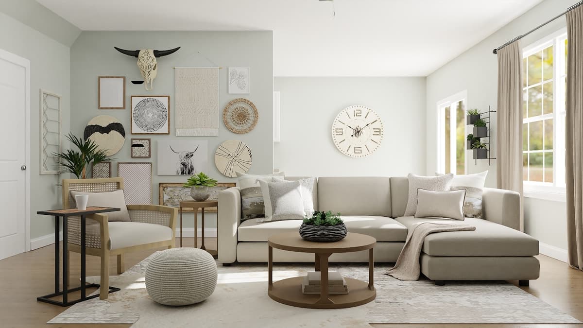 A bright living room with considered furniture and natural materials
