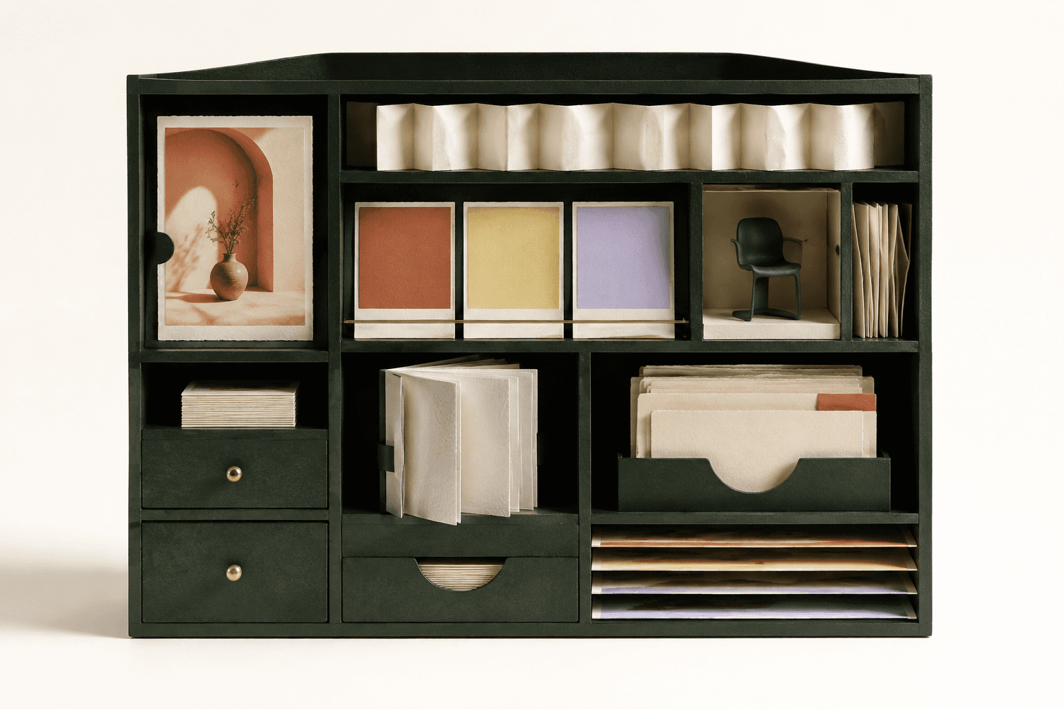 A custom-built brand archive containing product photography, color references, writing, and source documents