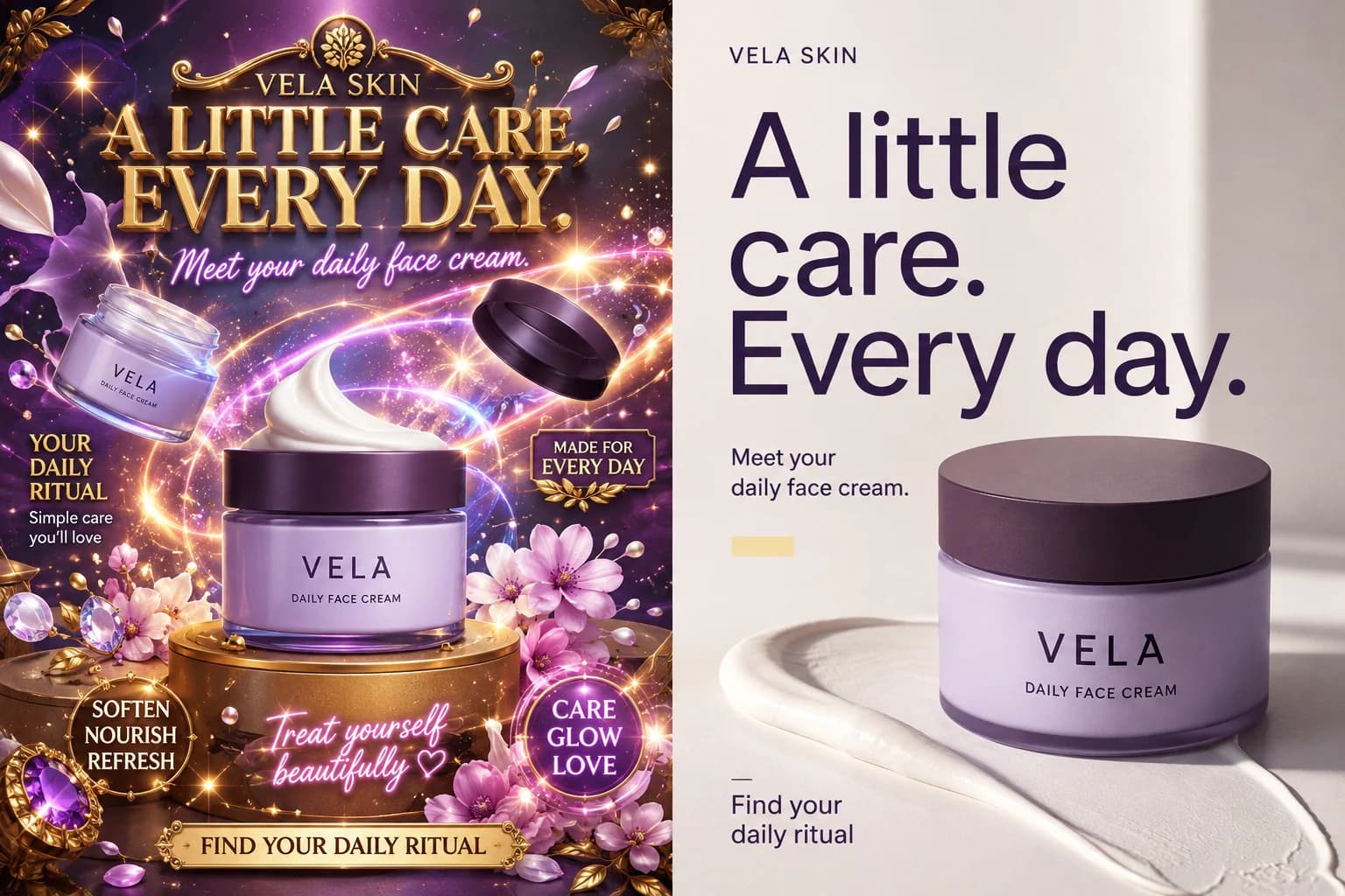 An over-generated Vela Skin face cream ad with floating jars, gold effects, sparkles, and clashing typography